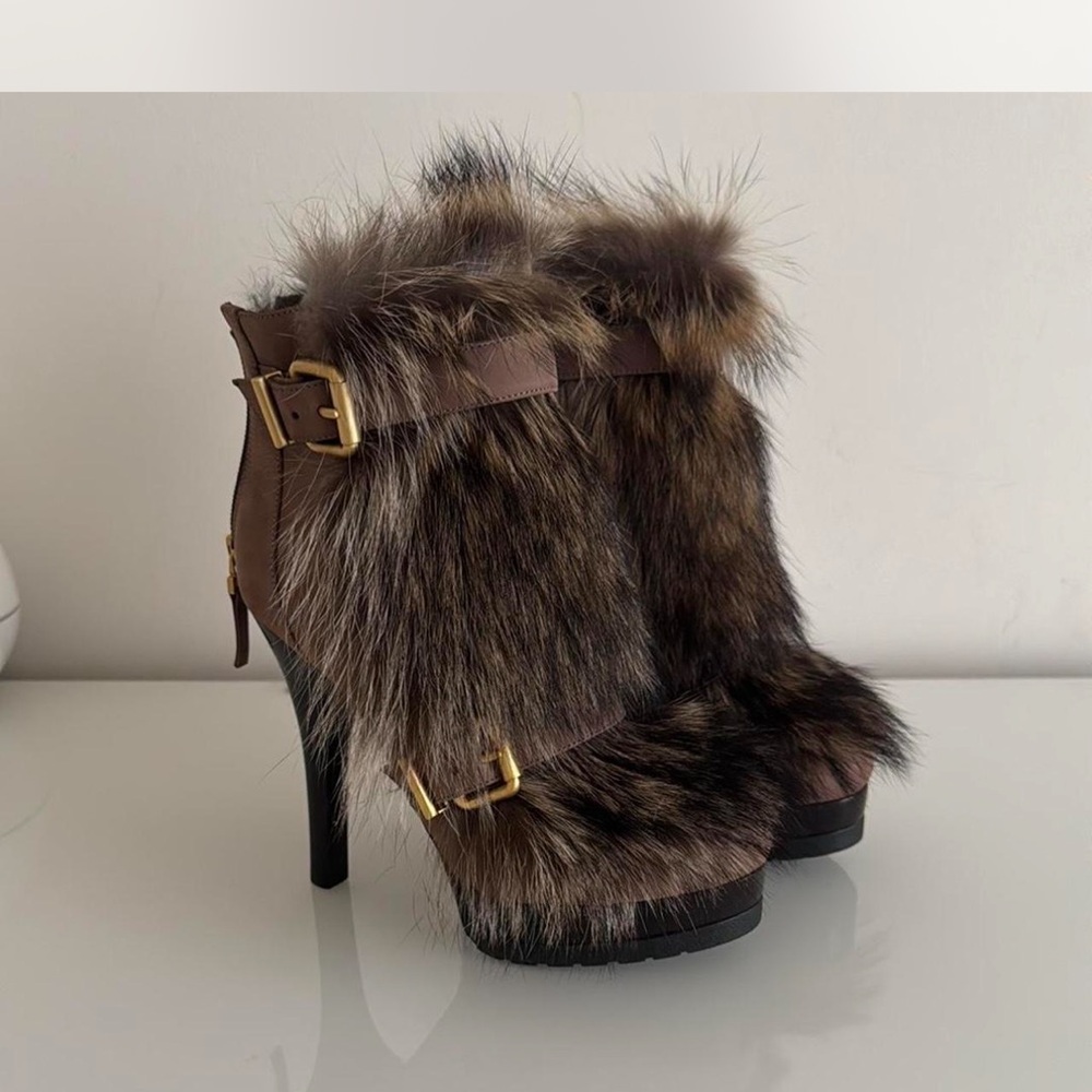 Faux Fur Buckle Ankle Boots - Brown